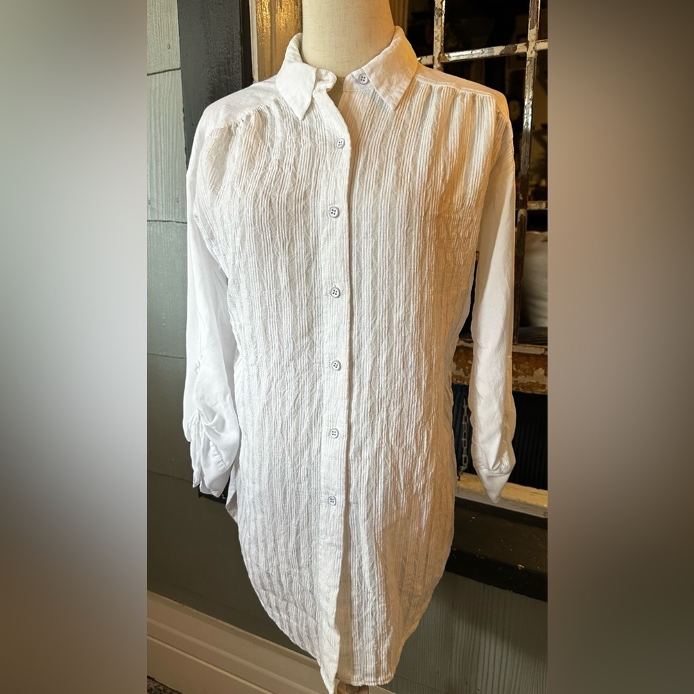 Anthropologie White Crinkle Button-Down Tunic Shirt Size S - Picture 2 of 9